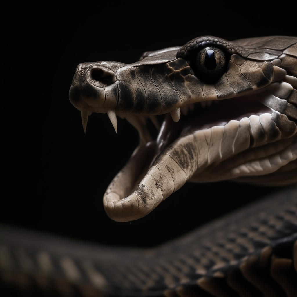 A close-up side view of a cobra's head, fangs bared, with a dark background