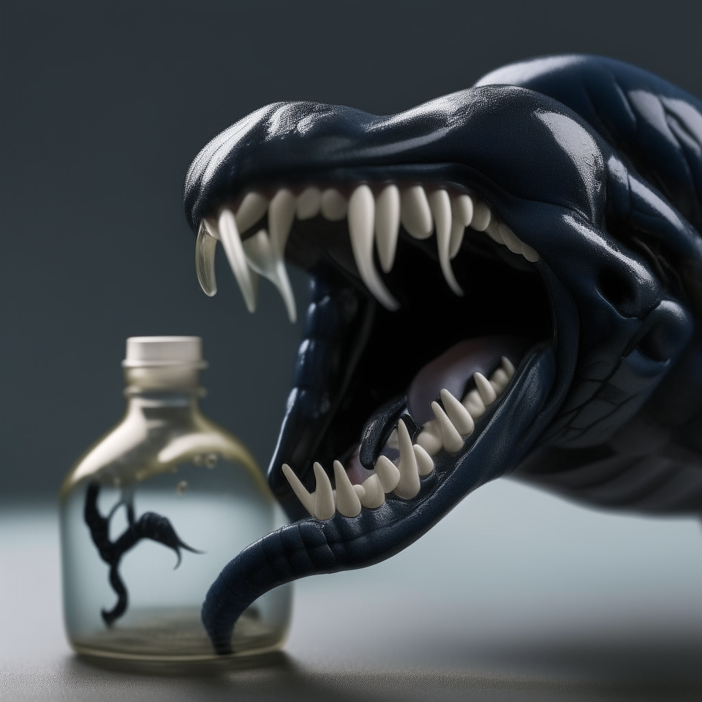 Venom dripping from a cobra's fangs into a small glass vial