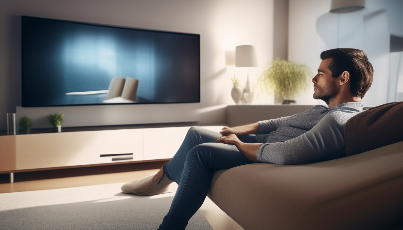 A man sits on a sofa in a lounge with a 60-inch flat-screen TV mounted on the wall as the background.  Beautiful light, clear and realistic picture