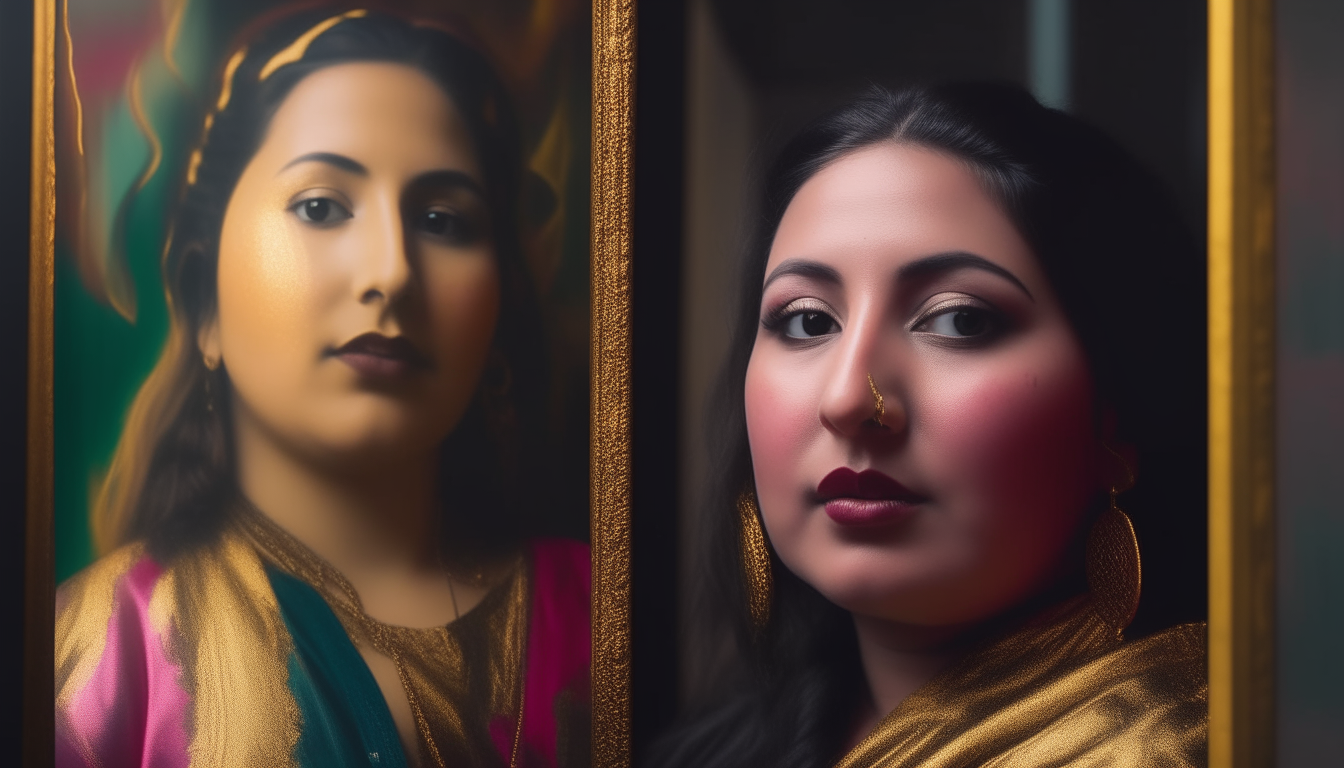 A 16:9 thumbnail with the woman's portrait on the left and a gold frame on the right