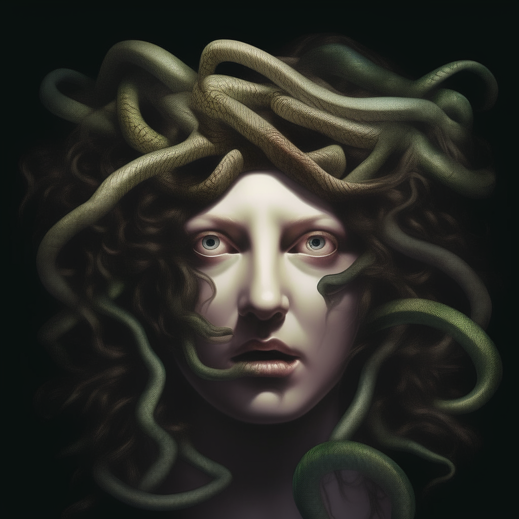 a photorealistic portrait of Medusa's head against a black background, focusing on her snake hair and piercing eyes