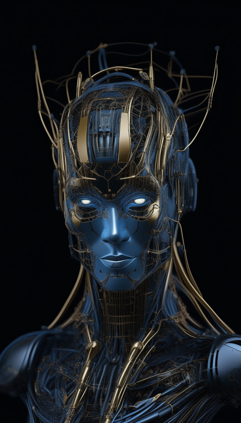 Create a futuristic portrait of an advanced humanoid robot. The robot is adorned with a complex network of silver and gold wires forming an intricate circuitry pattern across the head and neck, resembling a high-tech crown. These wires should be set against the robot's smooth, matte black skin. The robot's eyes are a deep, glowing blue, with a sharp gaze that exudes intelligence and depth. The background is a subtle gradient from dark to light grey, focusing all attention on the robot, which is a blend of elegance, power, and advanced technology. The artwork should have a hyper-realistic quality, with a balance of shadow and light that highlights the textures and materials, making it appear tangible.
