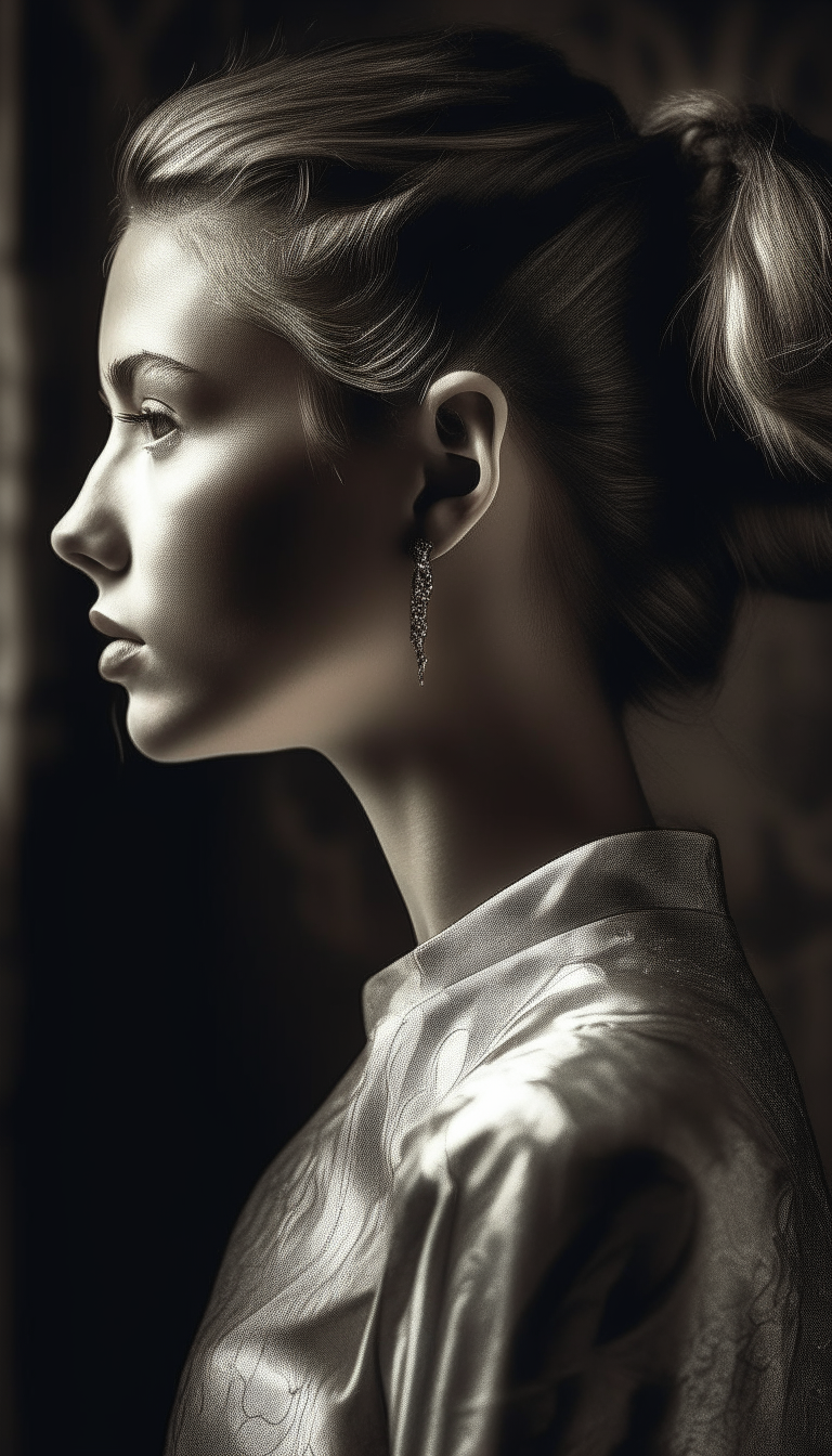 Craft an artistic raw photo style image capturing a high-end fashion side view of a girl with a silver tint. The image should convey the textured, unrefined essence of a raw photograph, with a focus on the model's profile and the intricate fashion details. Utilize natural lighting to accentuate the silver elements and shadows, in a wide ratio composition that suggests an impromptu yet high-fashion editorial look.