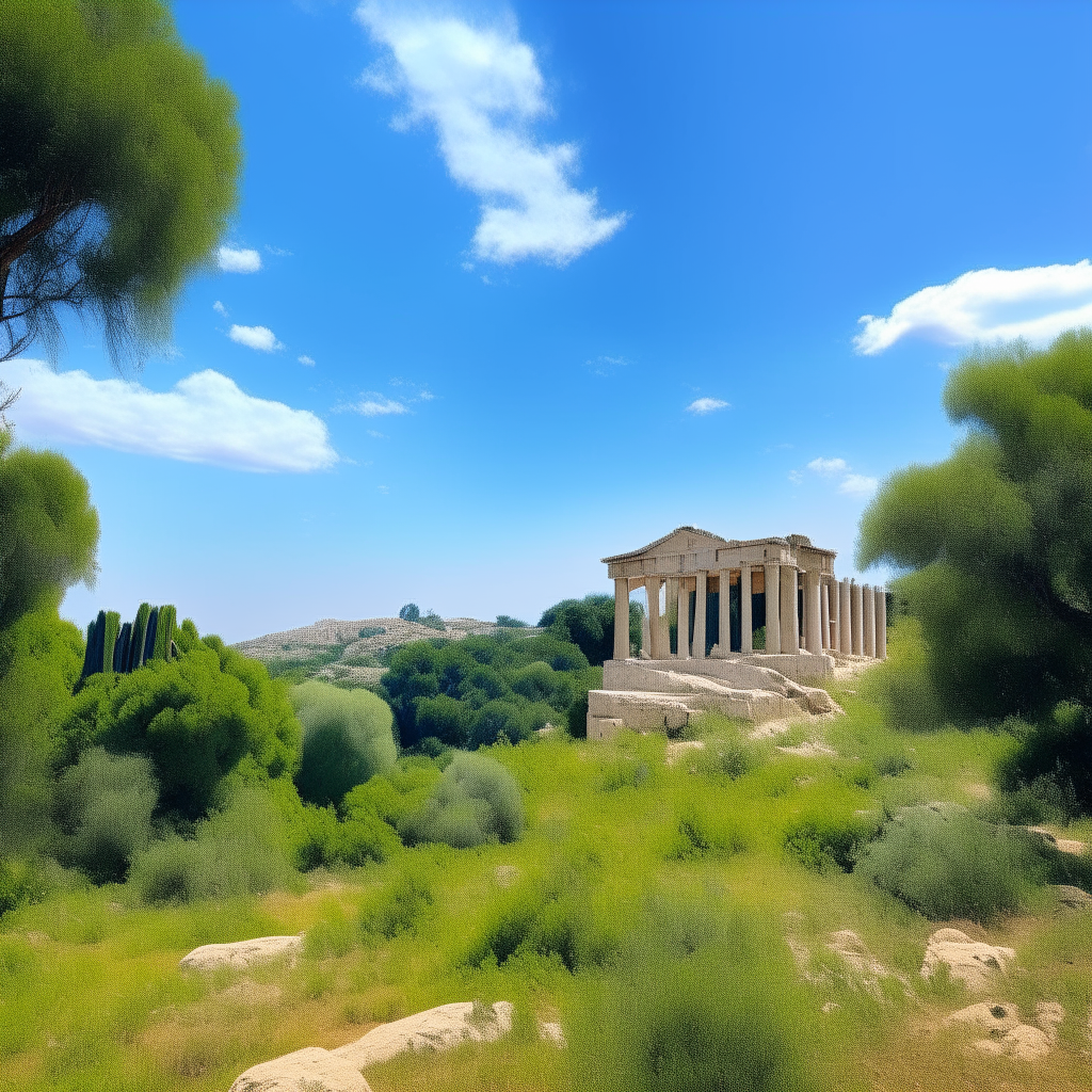 a serene landscape of ancient Greece, with lush greenery and clear blue skies