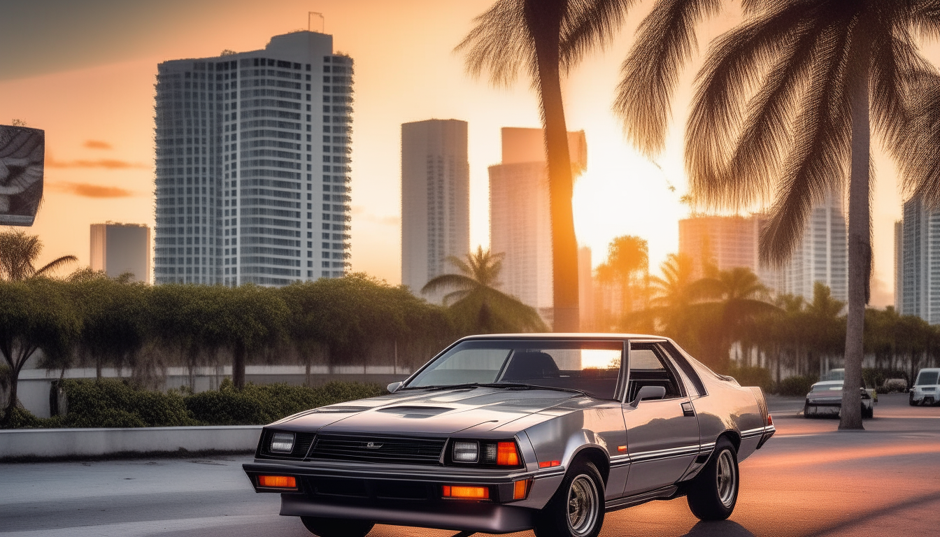 Downtown Miami with a 1984 Ford Mustang and Pontiac Fiero traveling along Avenue 1 as the sun sets. Palm trees line the avenue in the distance.