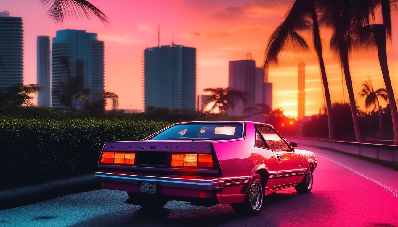 A neon-lit view of downtown Miami at sunset. A 1984 Ford Mustang and Pontiac Fiero cruise along Avenue 1, with palm trees visible at the end of the street.