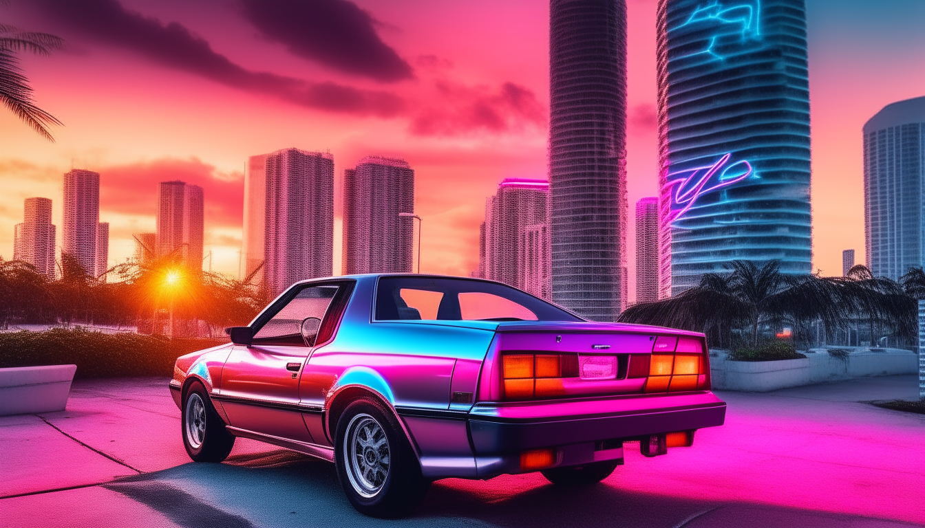 A neon-lit view of downtown Miami at sunset. A 1984 Ford Mustang and Pontiac Fiero cruise along Avenue 1 beneath colorful signs.