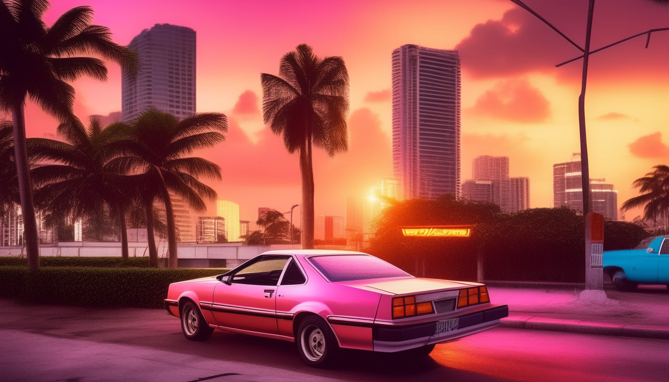 The bright lights of downtown Miami illuminate Avenue 1 at sunset. A 1984 Ford Mustang and Pontiac Fiero drive past neon signs and palm trees in the distance.