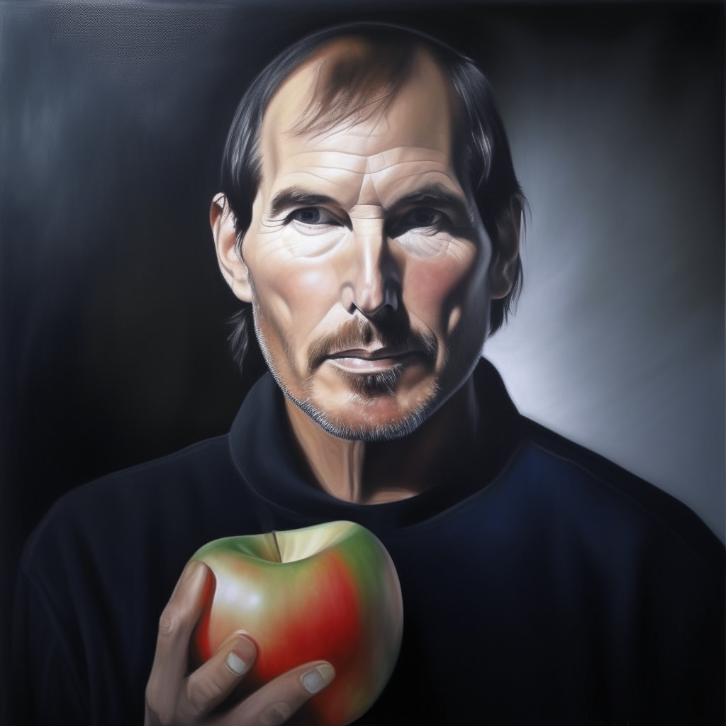 un portrait réaliste de Steve Jobs tenant une pomme rouge