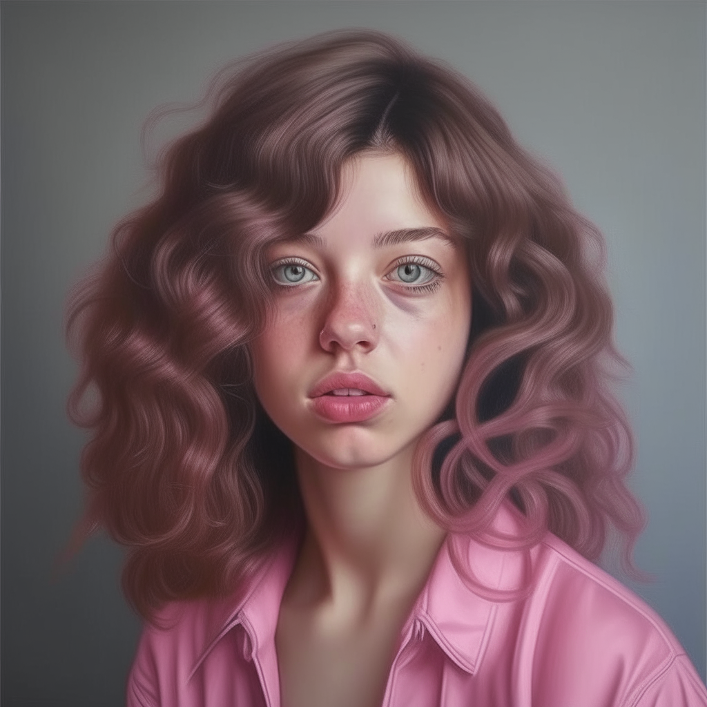 una chica con el pelo rosa recogido en dos coletas, retrato fotorealista