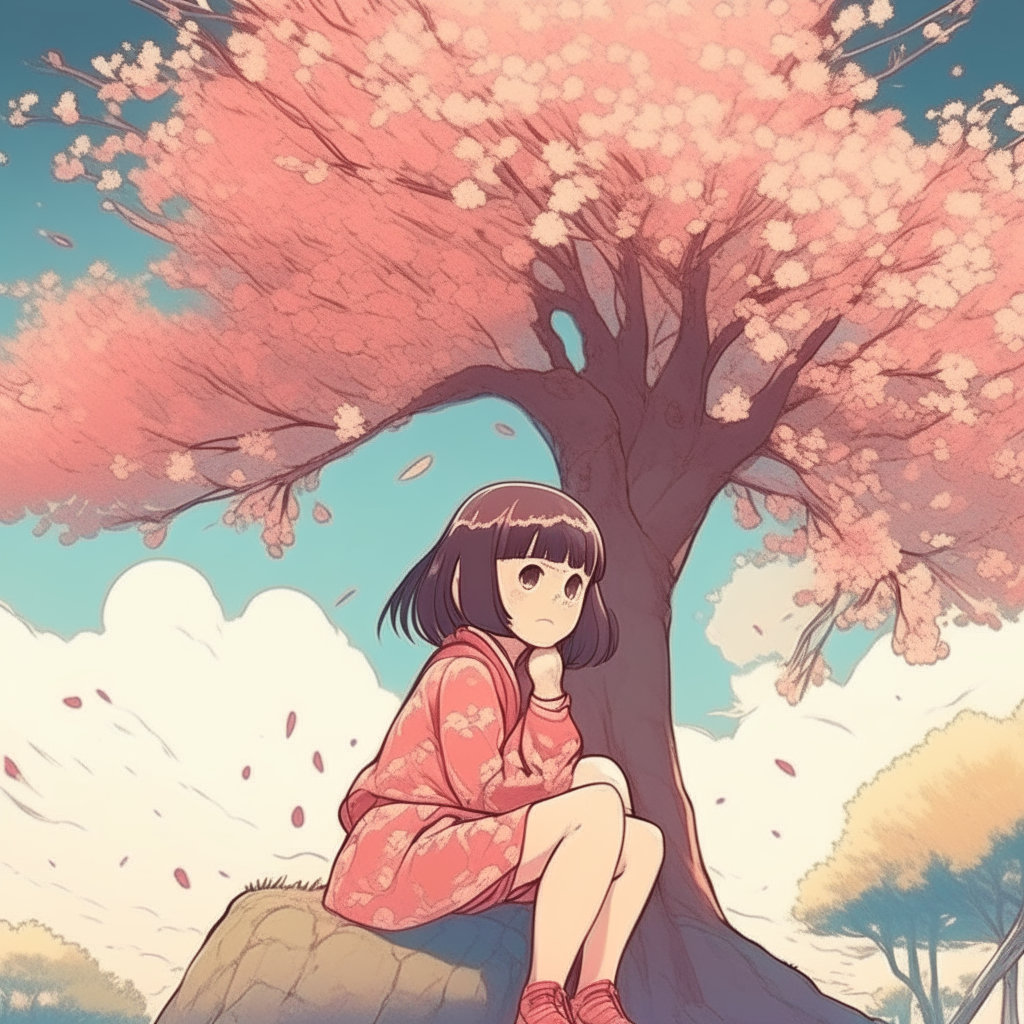 una niña de coletas sentada bajo un árbol de cerezo en flor, manga