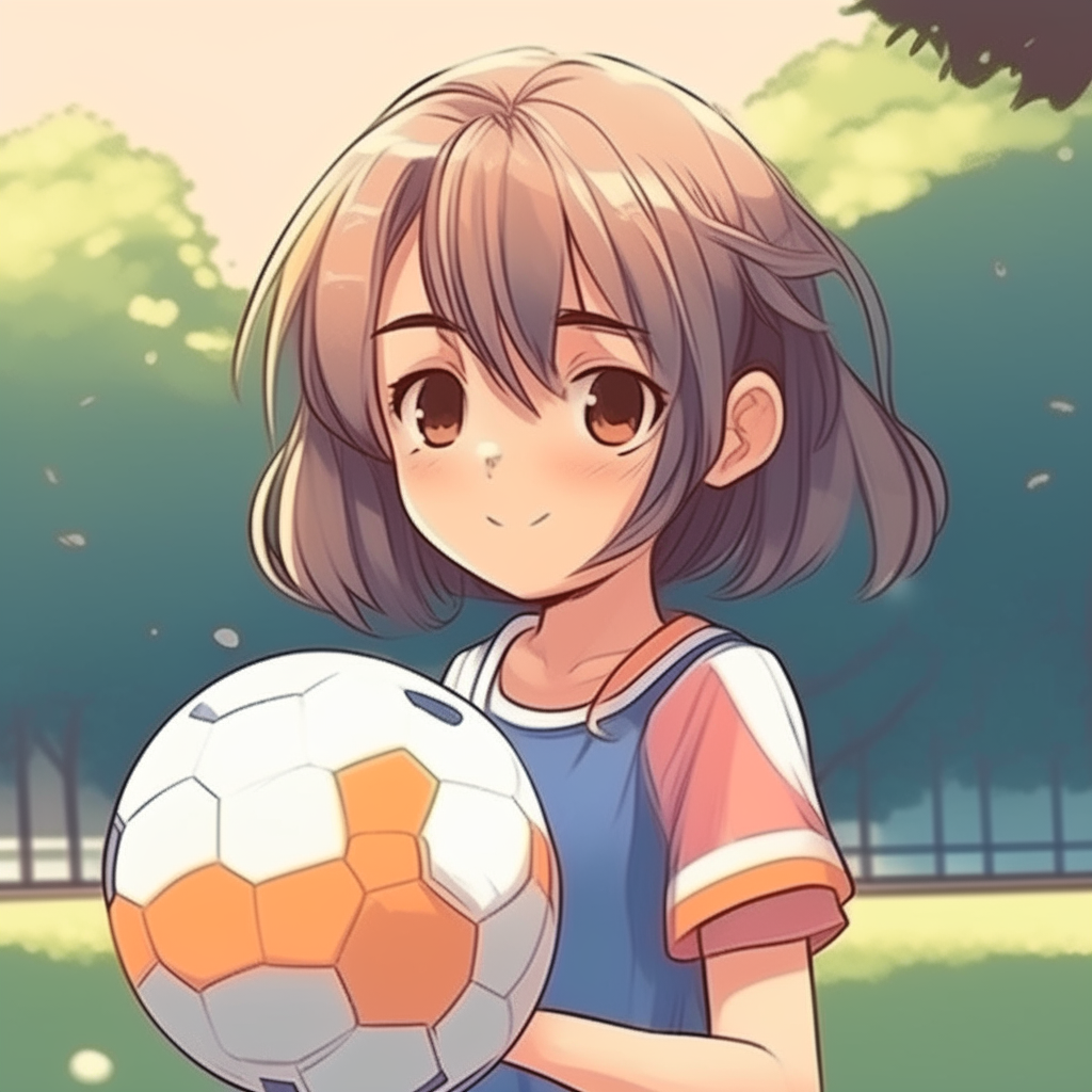una niña con el pelo corto jugando con una pelota en el parque, manga