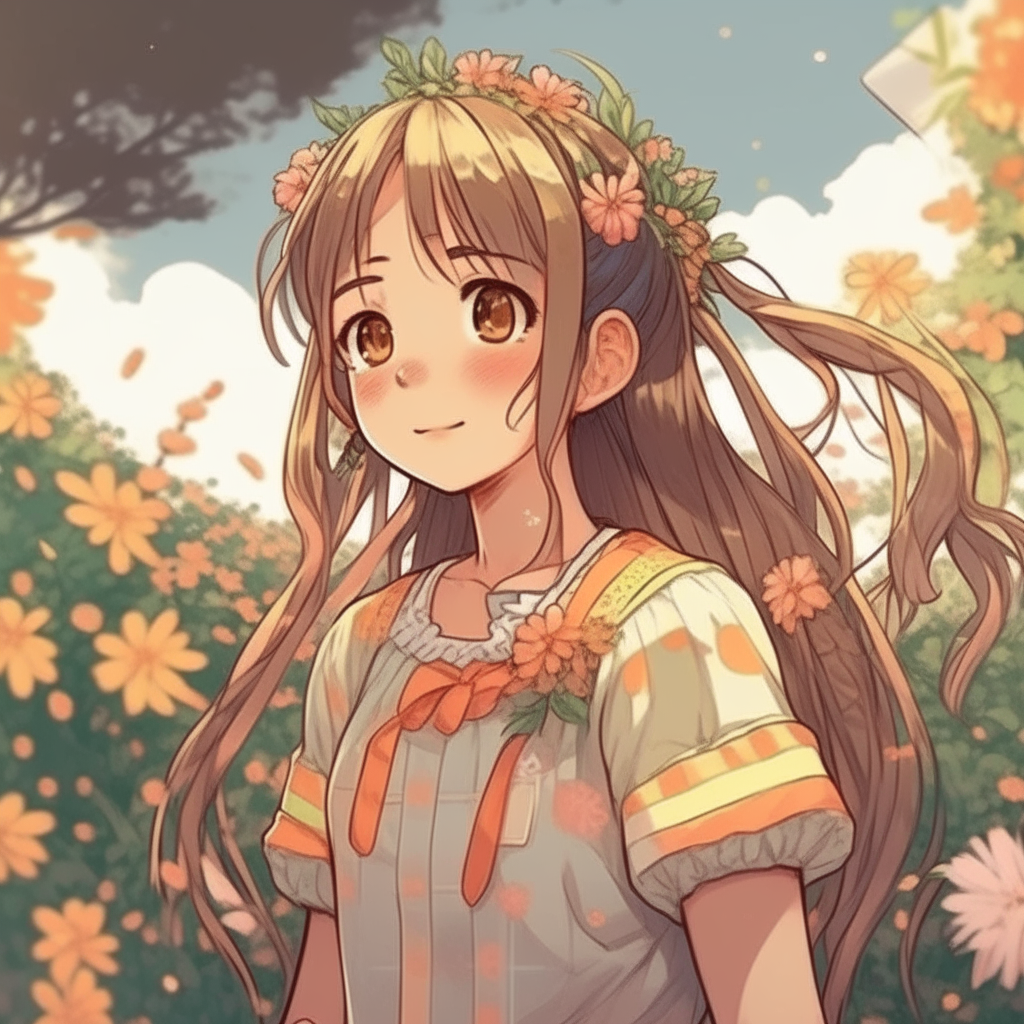 una niña de trenzas recogiendo flores en un prado, manga