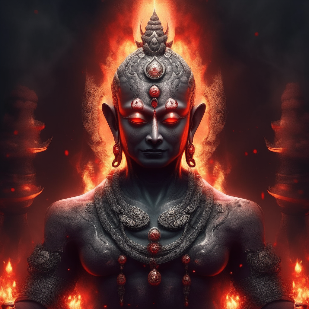 A wrathful and intimidating Buddha statue fierce expression furrowed brows downturned lips glowing red eyes muscular body surrounded by flames and skulls with Hanumanlike features such as fangs claws and a muscular build 8k resolution concept art masterpiece highdefinition highquality detailed trending on Art