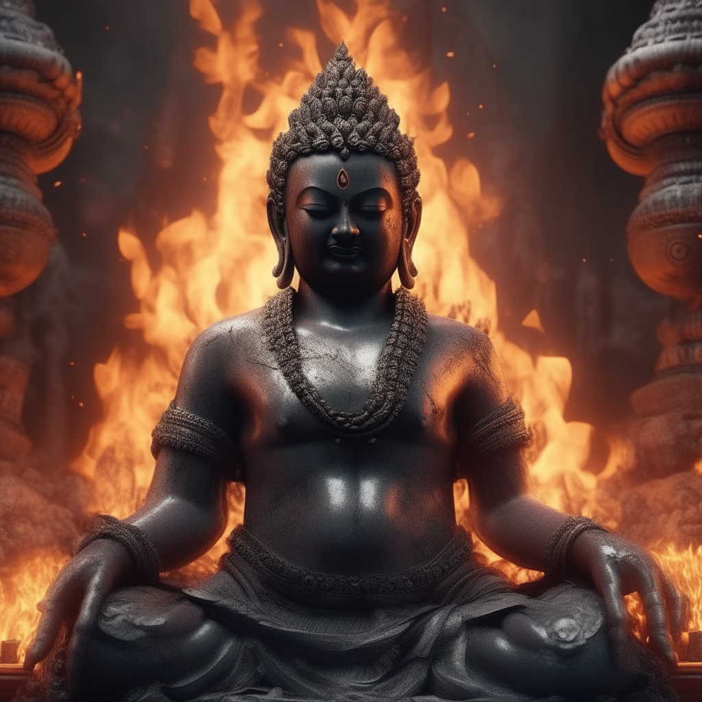 A wrathful and intimidating Buddha statue fierce expression furrowed brows downturned lips glowing red eyes muscular body surrounded by flames and skulls with Hanumanlike features such as fangs claws and a muscular build 8k resolution concept art masterpiece highdefinition highquality detailed trending on Art