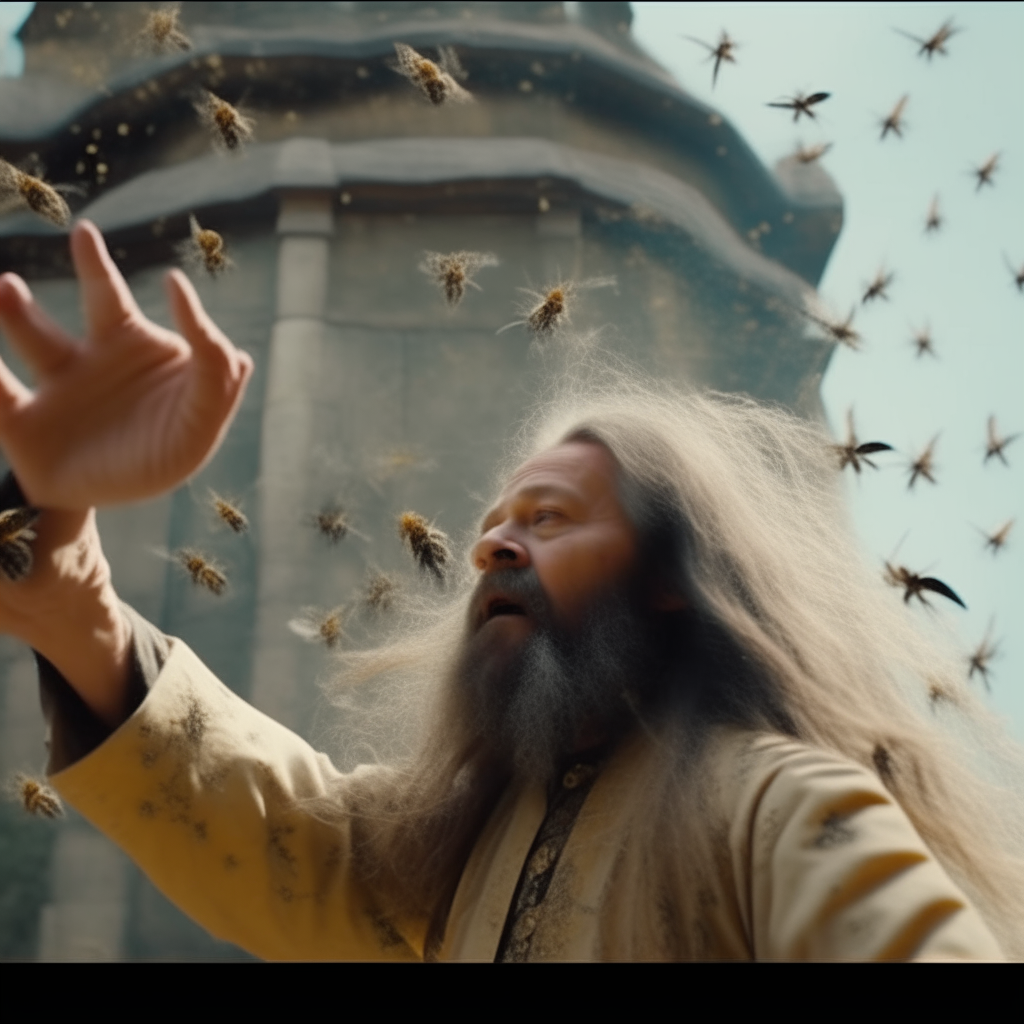 Bullet time effect  Many swarms of bees flew in front of the powerful person.  Long hair and a long white mustache that held out a hand to stop.  Background in an abandoned temple