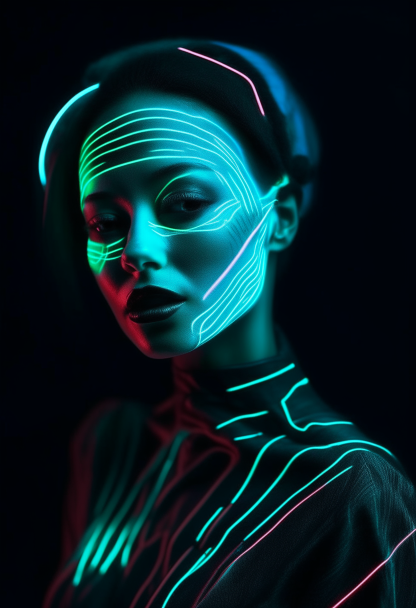 Amazing Alien woman, with Neon lines on her face, in space, 