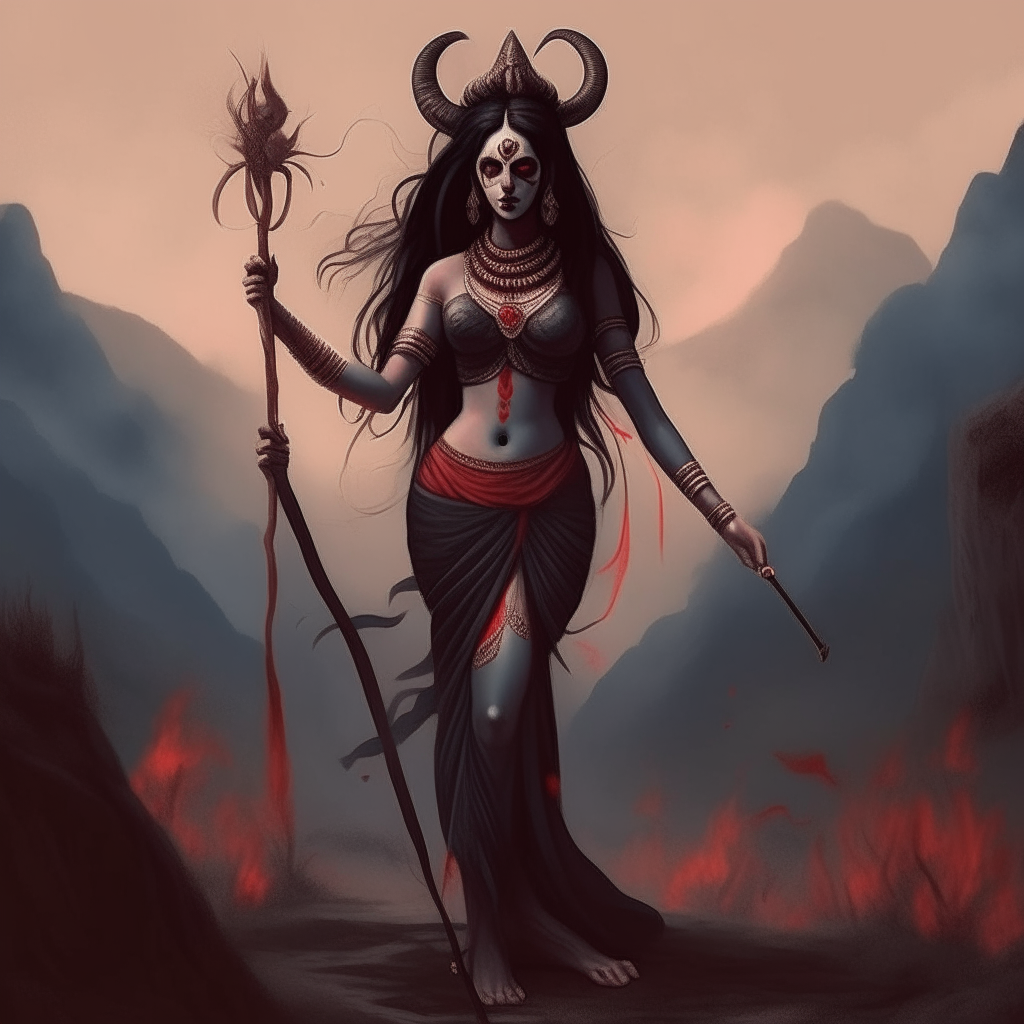 #Beautiful Phra Mae Kali...ૐ
 Goddess Kali (काली, Kālī ) is a form of Goddess Umadevi.  One of Trisakti  Who is the wife of the great god Shiva, Mother Kali, has been called a goddess with enormous power.  Keep suppressing bad things  Various evils  protect goodness  and excelled in courage and decisiveness.
 #Prompt....
 Clear picture, wide angle  Goddess Kali is a 30-year-old woman with a beautiful face, long hair, gray body, wearing a skull necklace, wearing black cloth, holding a trident in her right hand.  His left hand held the head of a demon with red liquid dripping down to the ground.  Standing in a valley that was constantly burning.  Wide-angle images, see the full body, clear, lifelike, 3D32K level