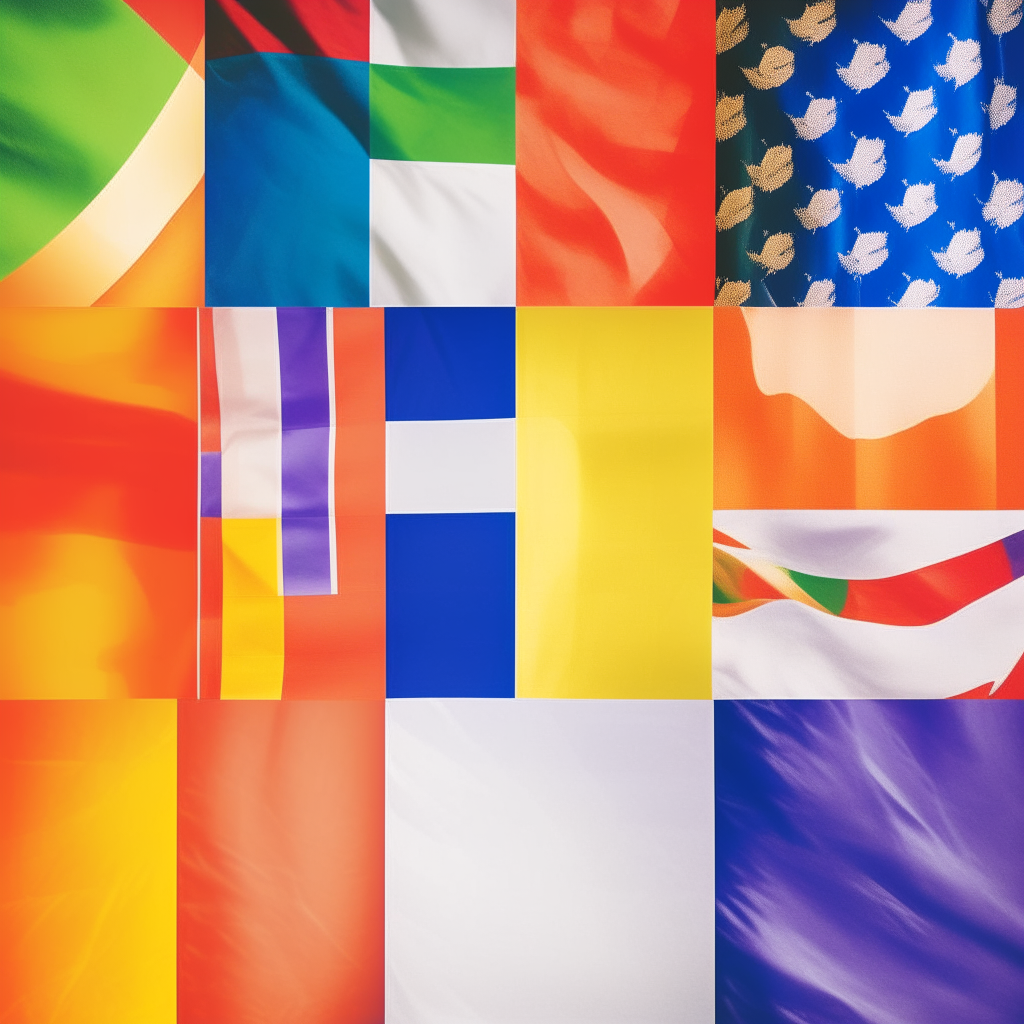a collage of international flags with a rainbow gradient background