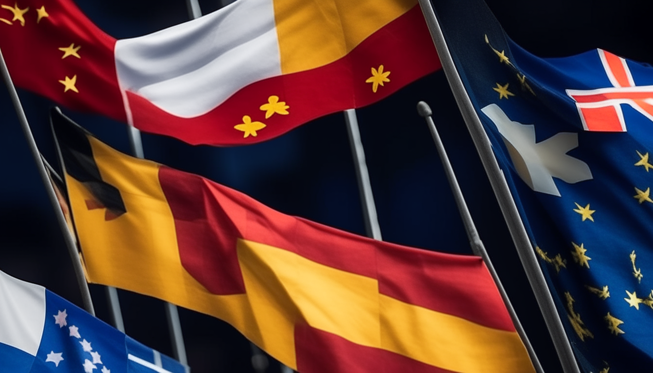many realistic flags of different countries waving in the wind, 16:9 aspect ratio