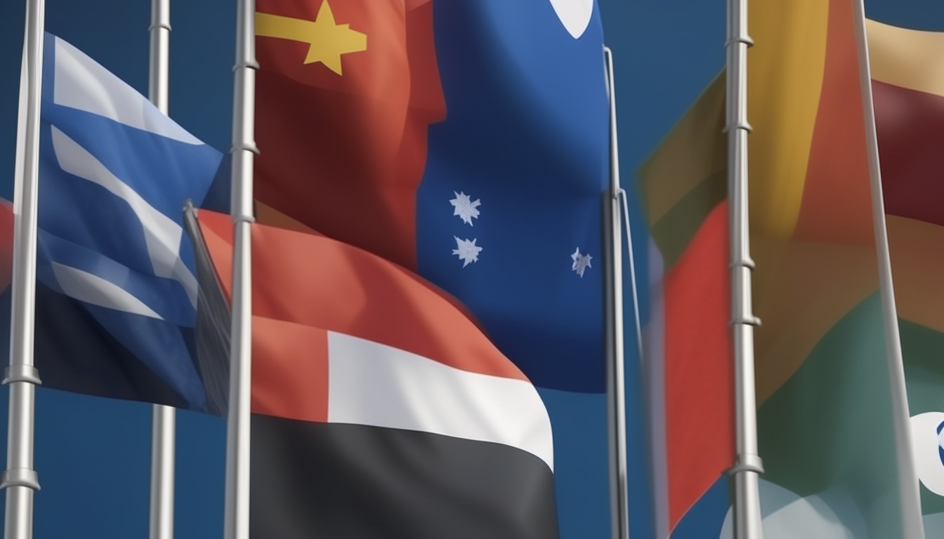a collage of realistic international flags on flagpoles, 16:9 aspect ratio