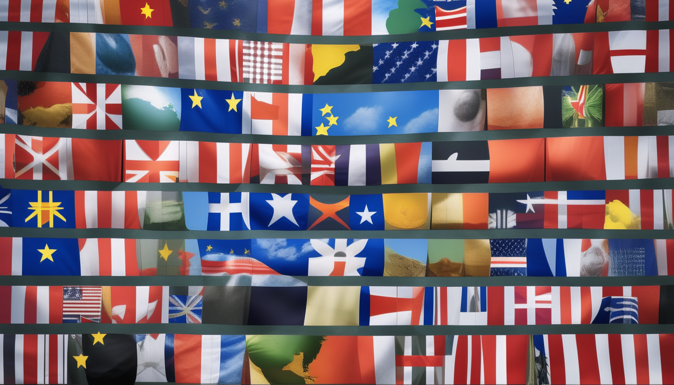 a realistic photo collage combining all the international flags onto one wide panorama, 16:9 aspect ratio