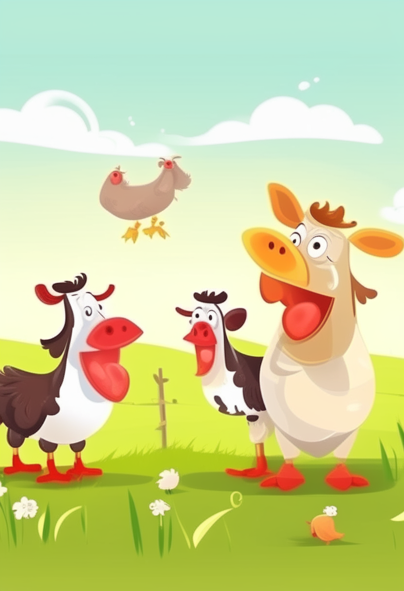 cute cow, young chicken and rooster on a green meadow on a sunny day who are singing and dancing