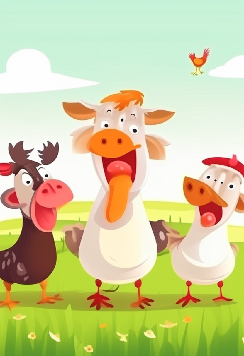 cute cow, young chicken and rooster on a green meadow on a sunny day who are singing and dancing young animals with beautiful faces