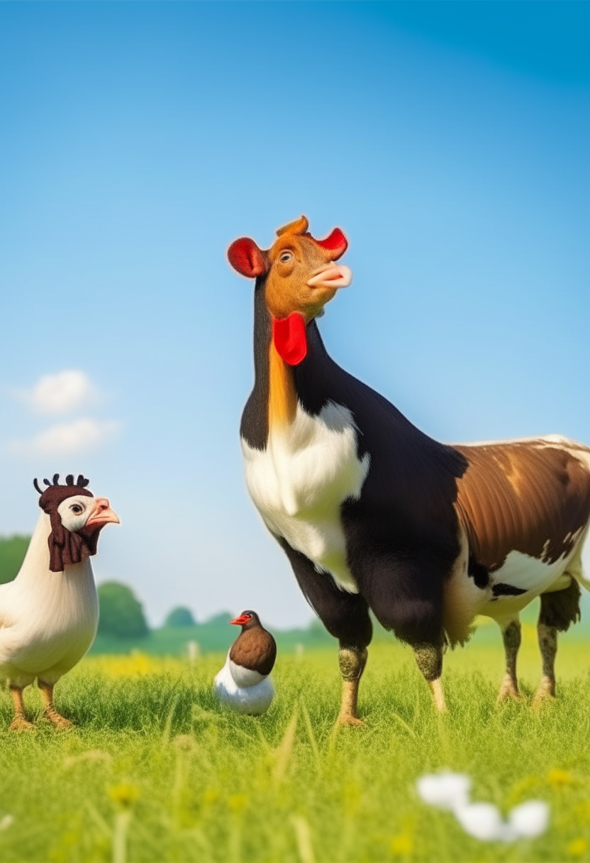  cow, young chicken and rooster on a green meadow under blue sky day who are singing and dancing young animals with beautiful faces