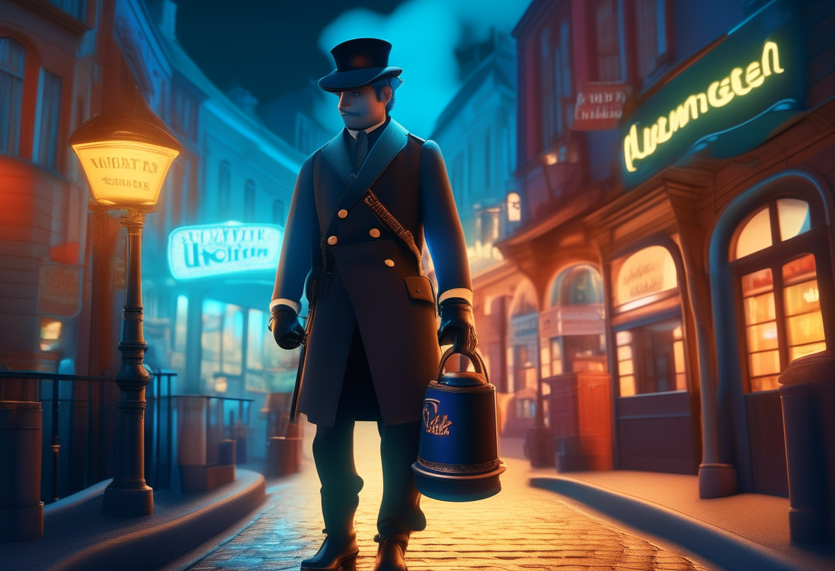 A stylish chimney sweep walks along a metropolis street filled with warm glowing neon and animated city signs. He wears a black jacket made of quality leather, a chimney sweep's top hat, a light blue vest, a blue shirt, and carries a bright blue bag. He walks confidently and at ease. There are many streetlights on the sidewalk. The light of the illuminations is reflected on the asphalt, creating a mirror effect of multi-colored lights.