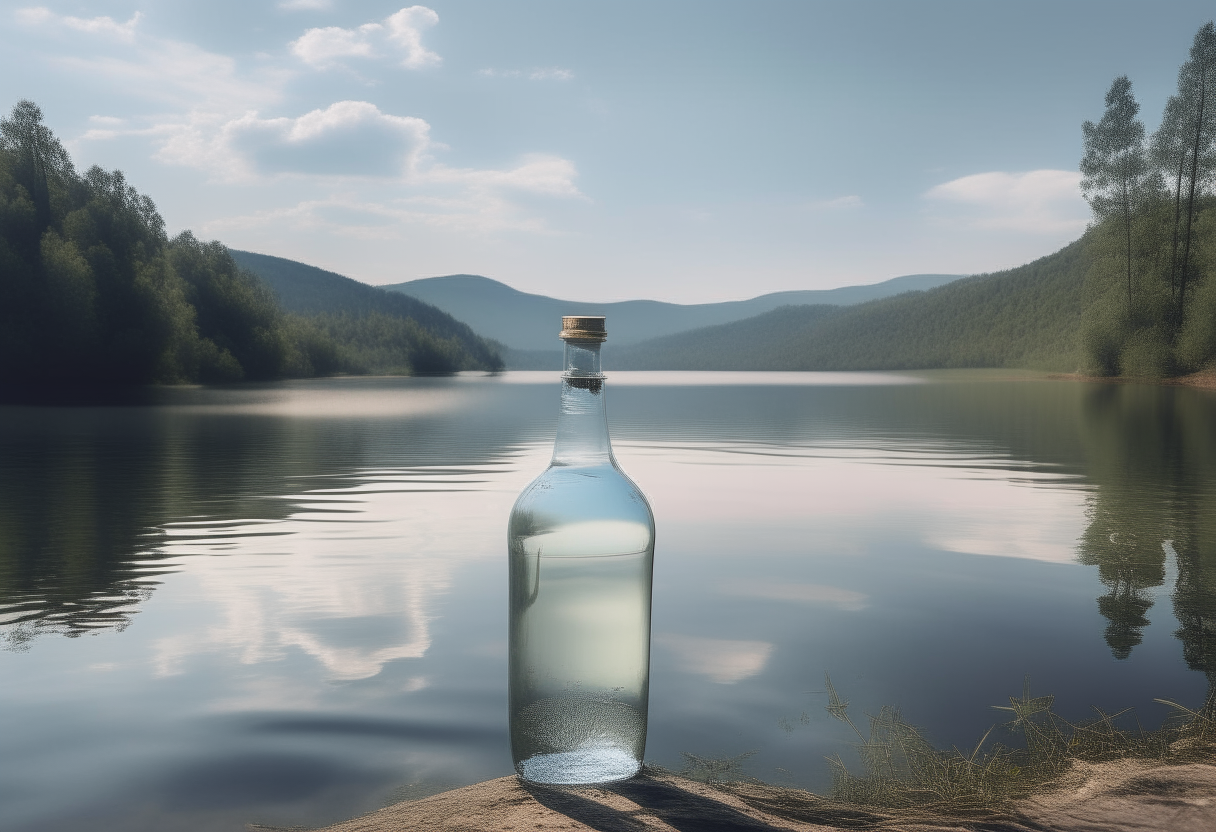 A scenic landscape with a large lake surrounded by trees and hills, the bottle can be seen floating in the distance