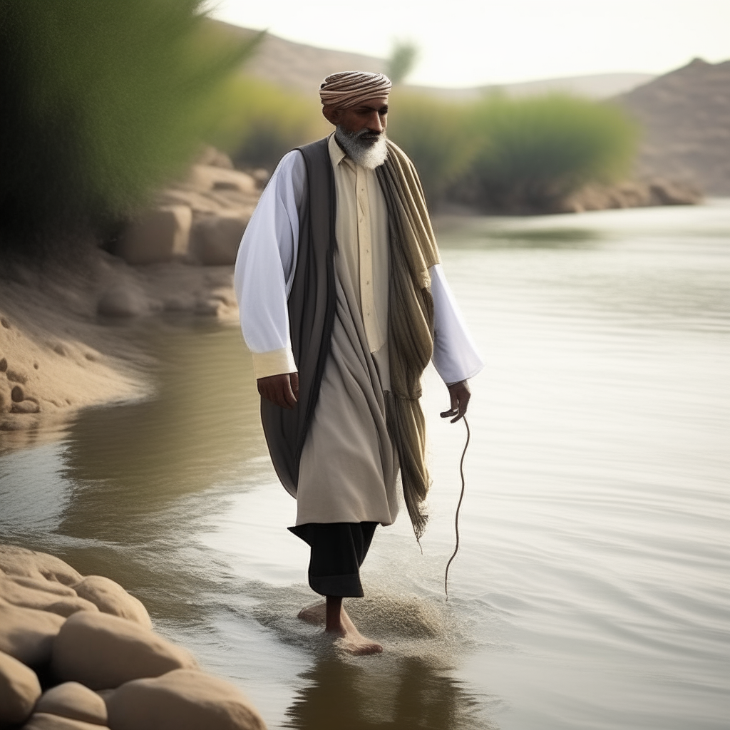 An old Arab man walking on the river