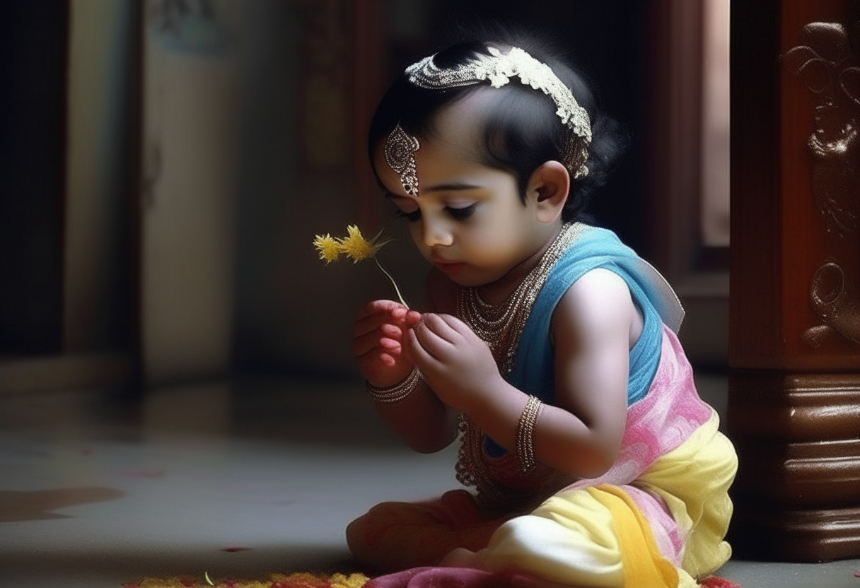 I want a video in which a small child is bowing to Lord Krishna and taking blessings.