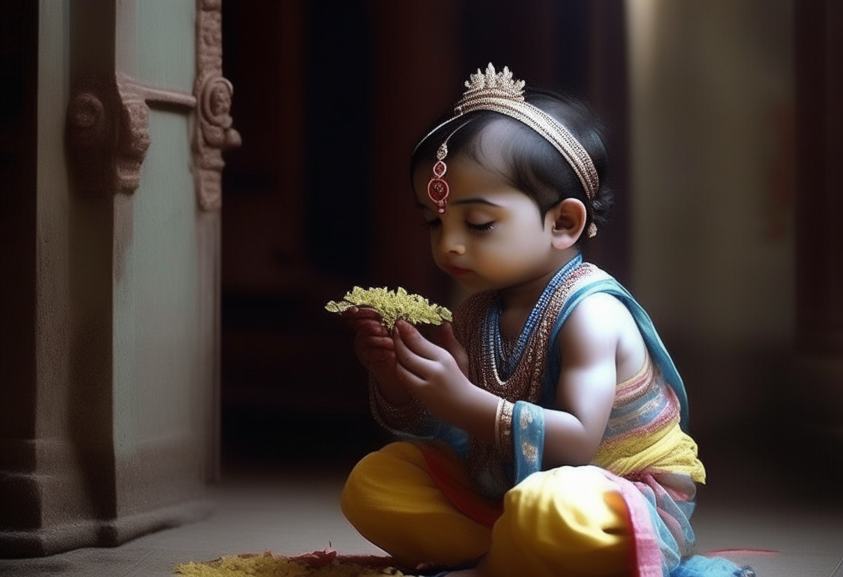 I want a video in which a small child is bowing to Lord Krishna and taking blessings.