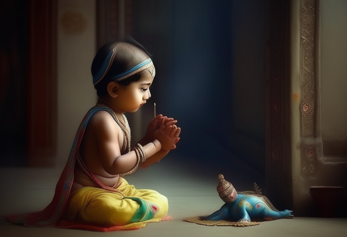 I want a 3D photo in which a small child is bowing to Lord Krishna and taking blessings.
