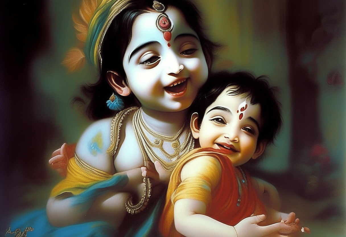 Lord Shri Krishna lifted a beautiful child with his hands and the child started laughing.