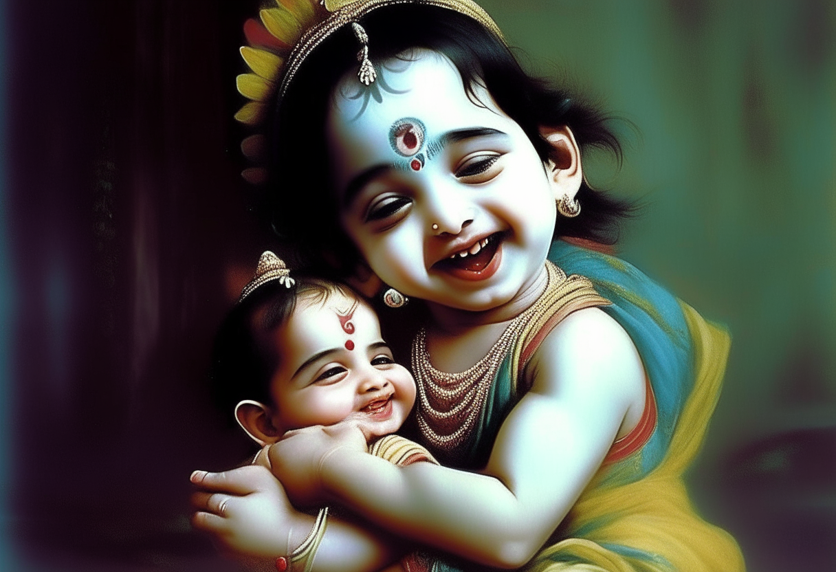 Lord Shri Krishna lifted a beautiful child with his hands and the child started laughing.