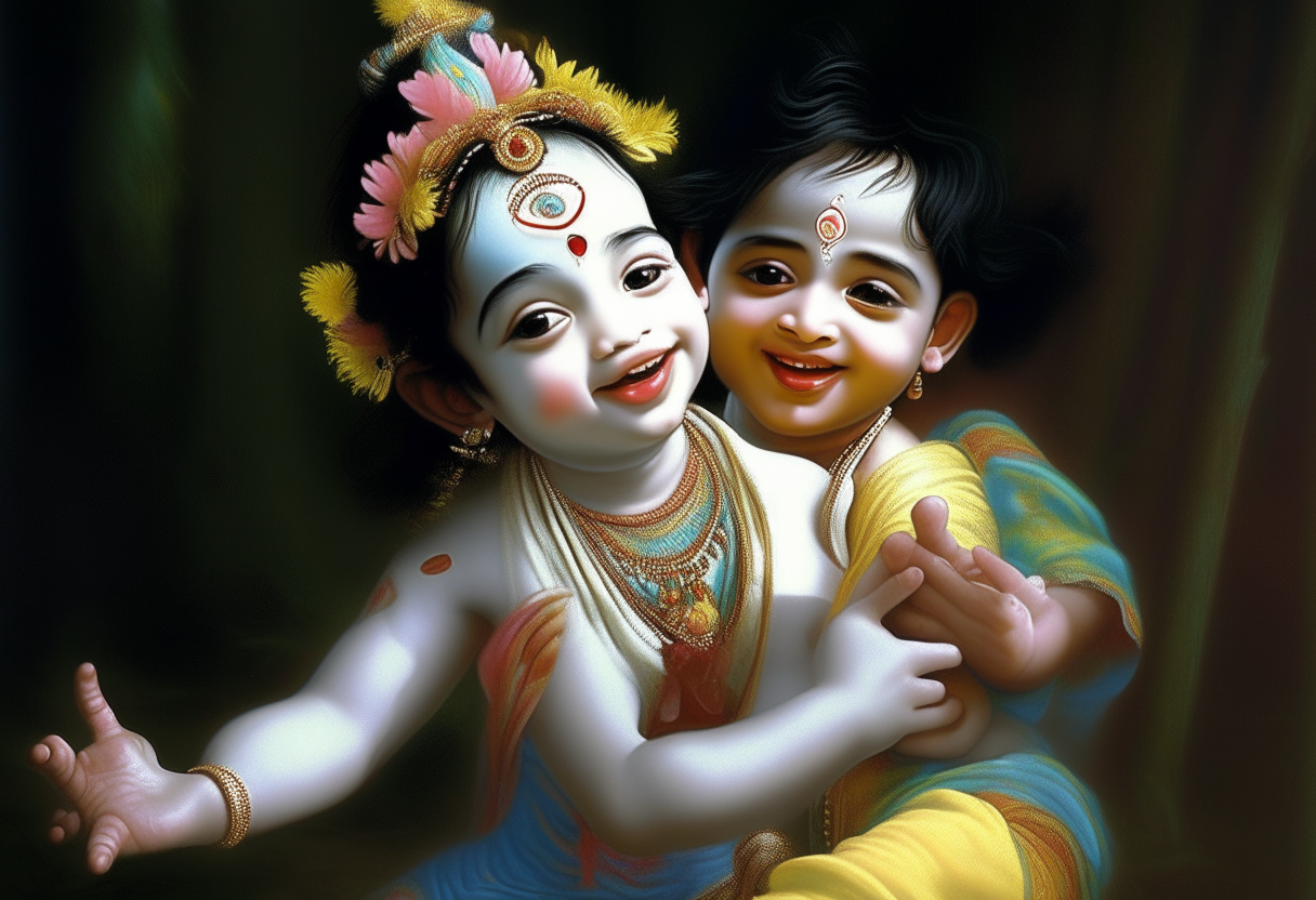 Lord Shri Krishna lifted a beautiful child with his hands and the child started laughing in 3d