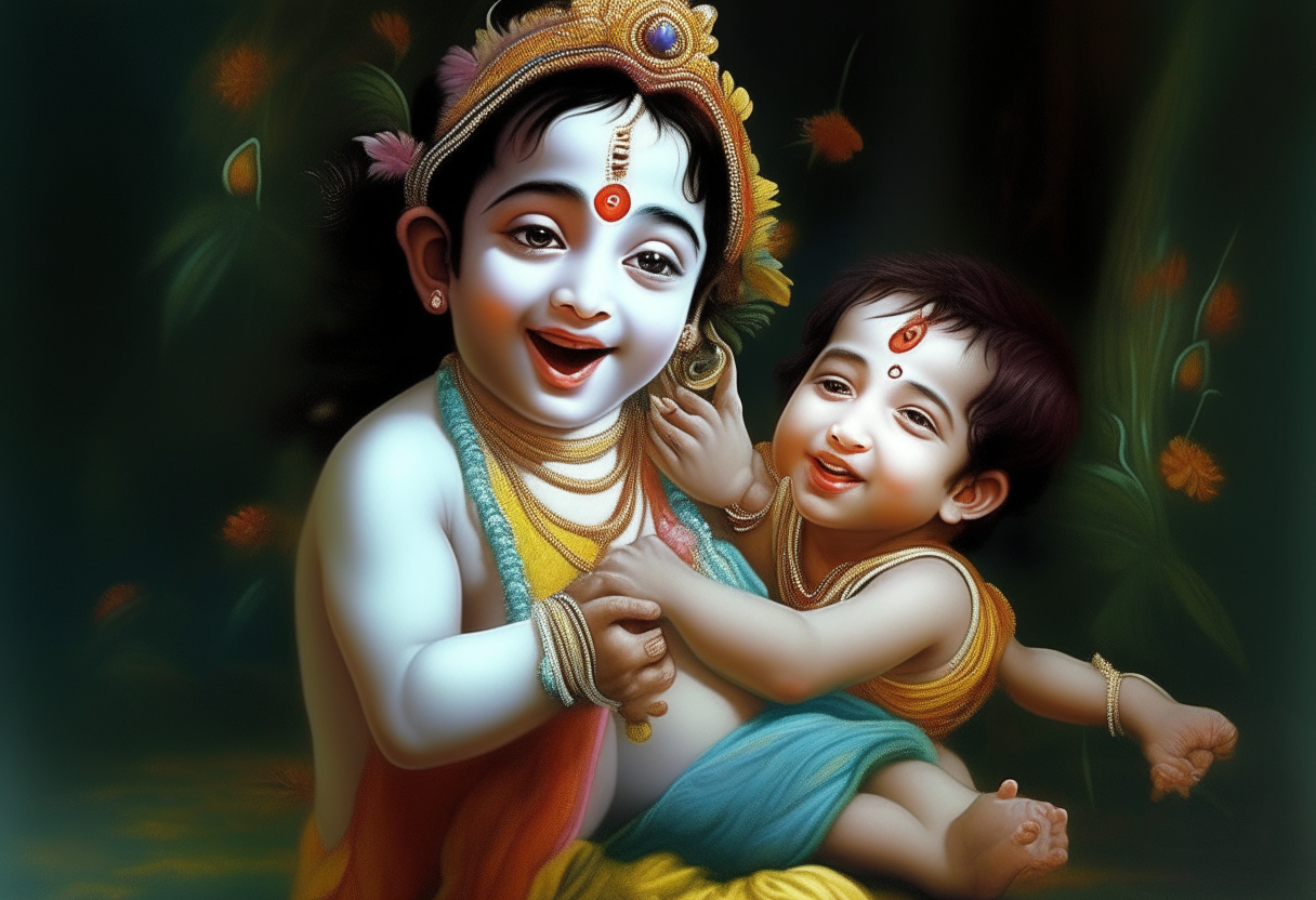 Lord Shri Krishna lifted a beautiful child with his hands and the child started laughing in 3d