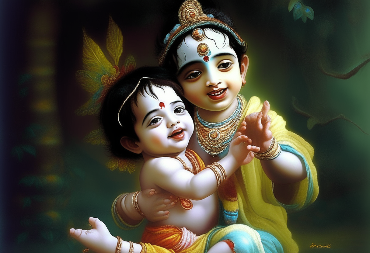 Lord Shri Krishna lifted a beautiful child with his hands and the child started laughing in 3d