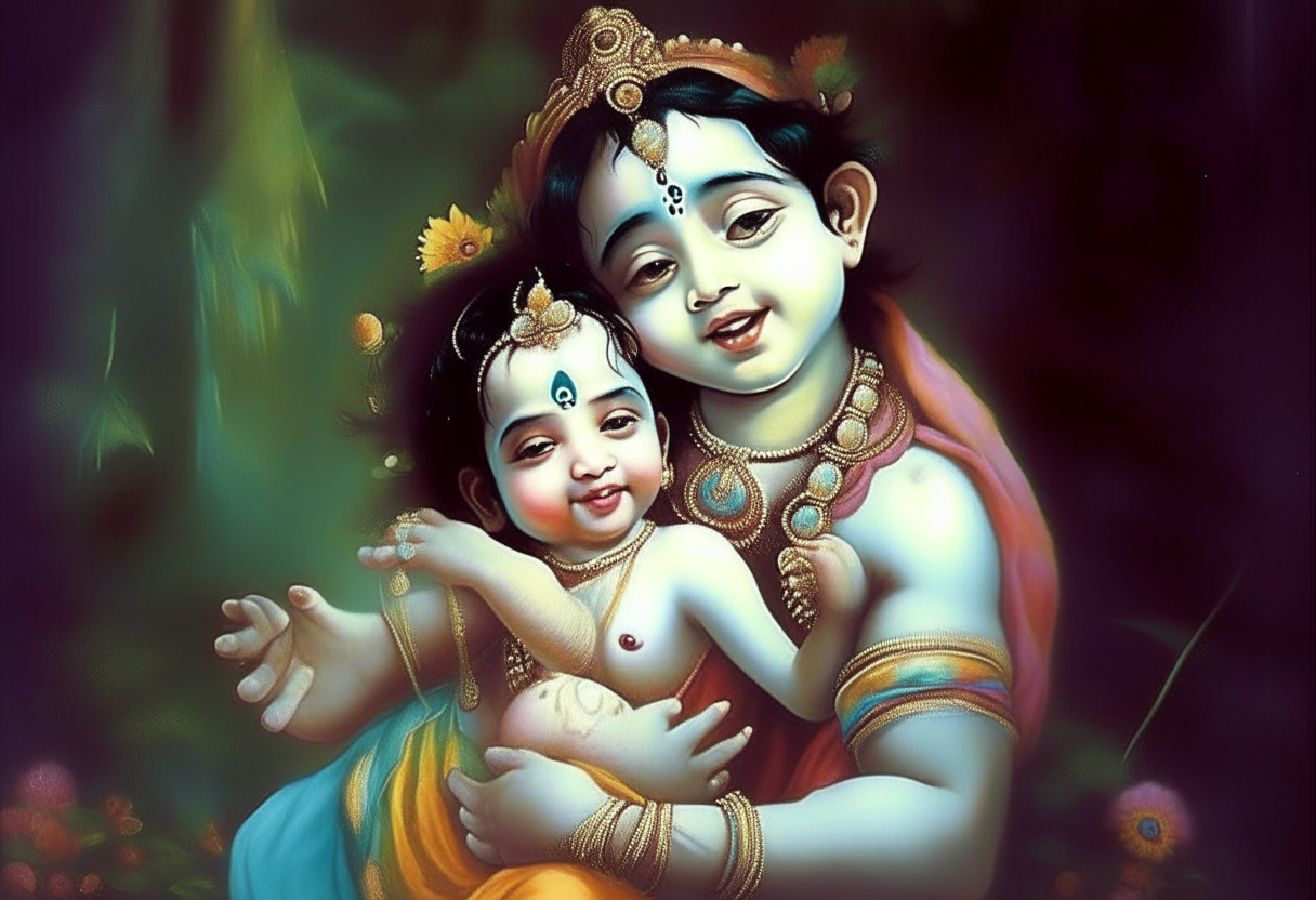 Lord Shri Krishna lifted a beautiful child up with his hands and the child started laughing but his body parts should be as per the body.