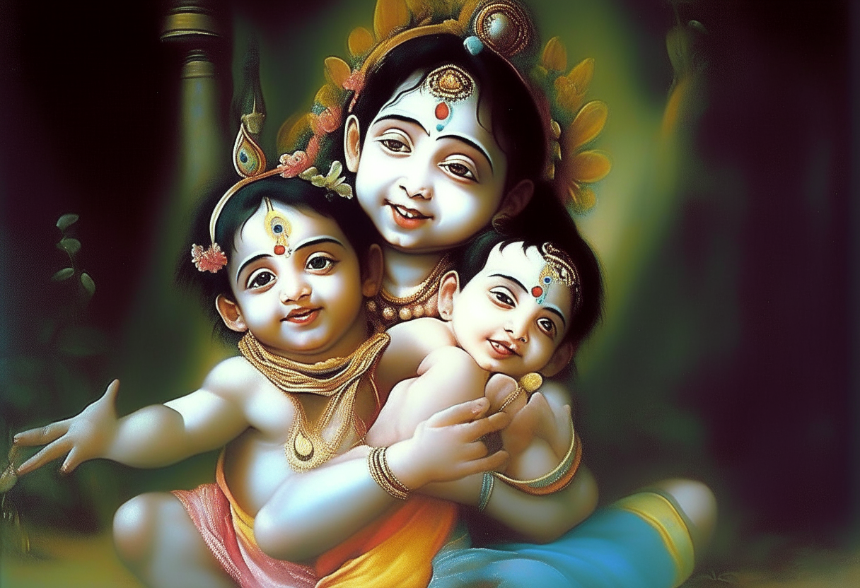 Lord Shri Krishna lifted a beautiful child up with his hands and the child started laughing but his body parts should be as per the body.
