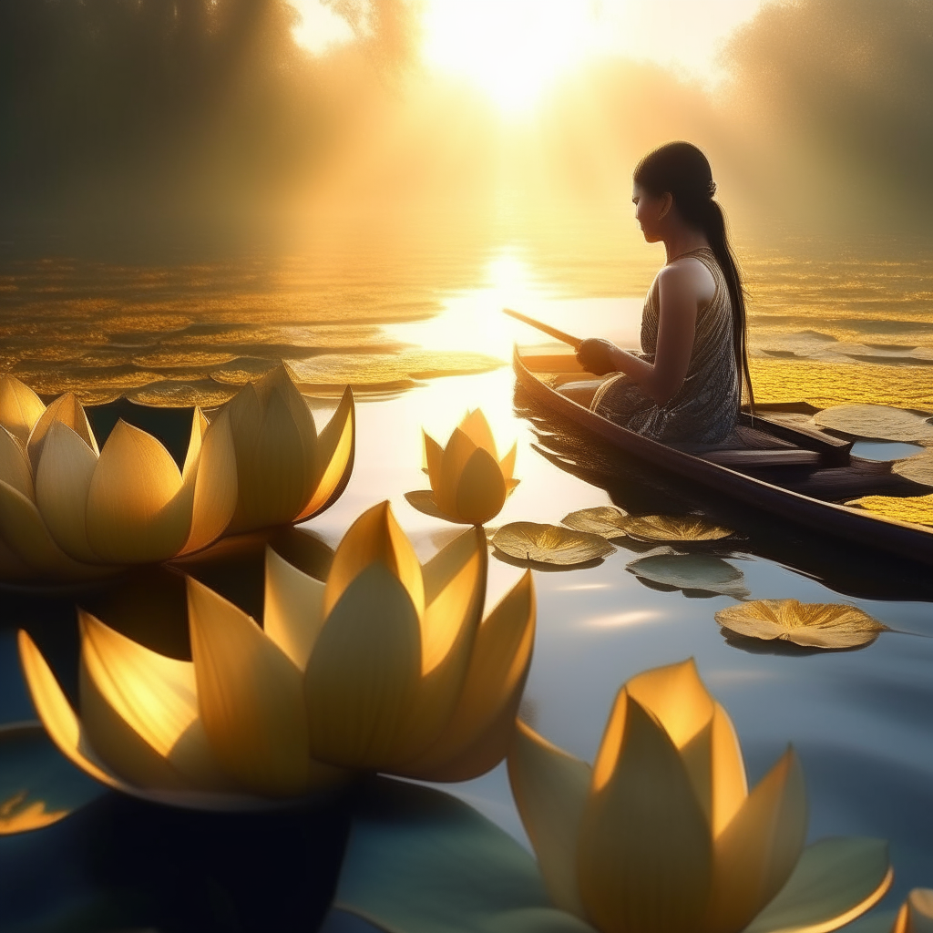 Prompt ;..Underwater scene, there are lotus buds emerging from the pond, there are beautiful women rowing boats to collect lotus flowers, and crocodiles swimming around.  Sunlight hits the lotus bud. Realistic picture 8k