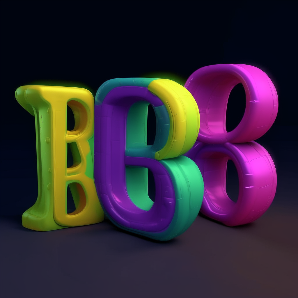 English colorful pink, yellow, green, blue and lightblue alphabet letters, huge, five letters 3d on a dark purple background 