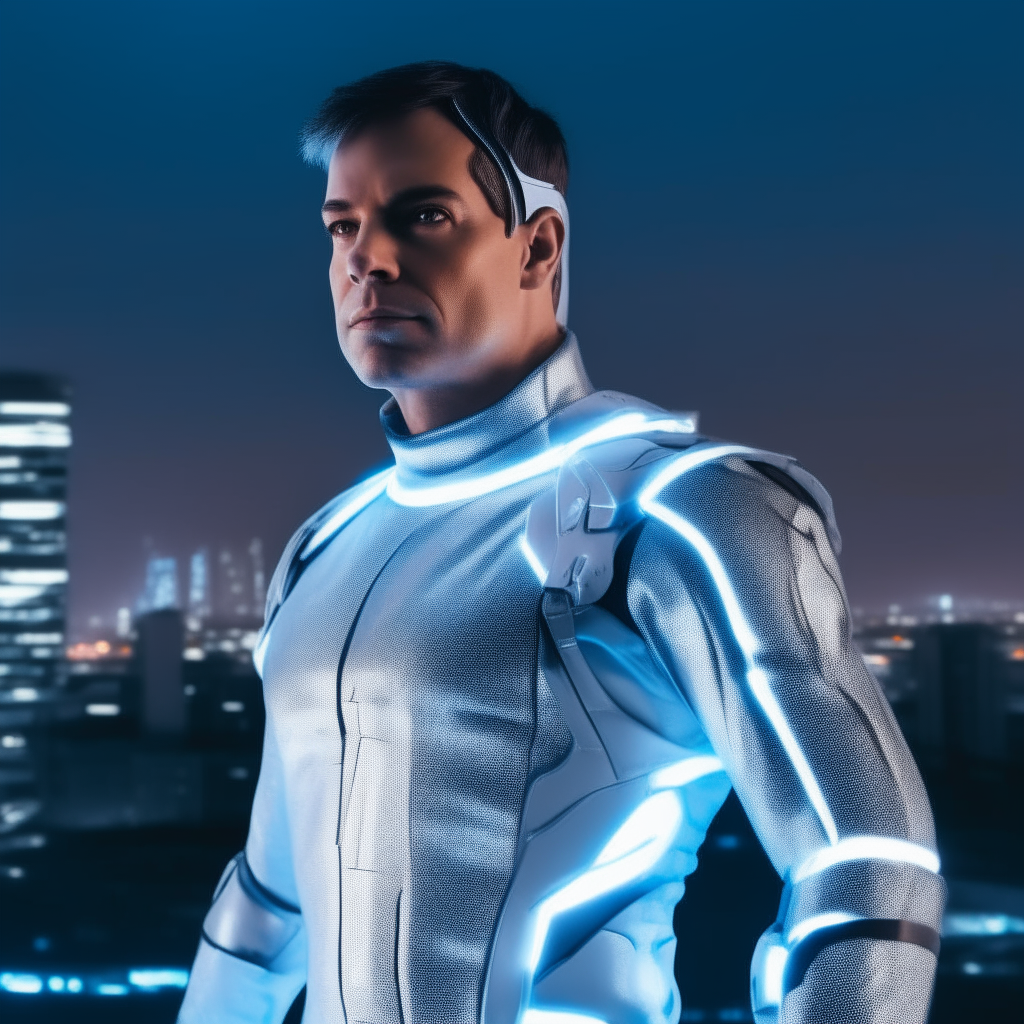 A man wearing a futuristic silver and blue outfit with glowing lines, against a background of a futuristic city skyline