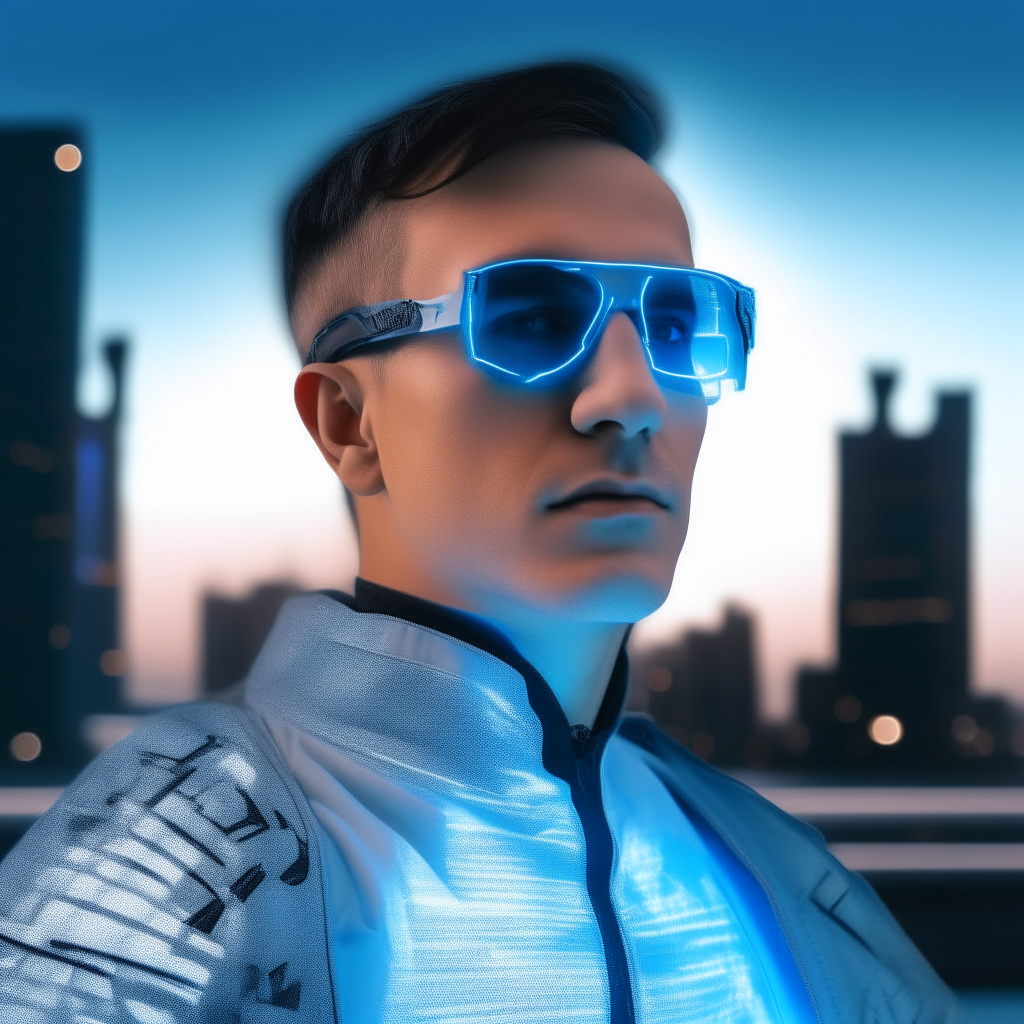 A man with a futuristic haircut and glasses, wearing a glowing blue and silver outfit, against a background of a futuristic city skyline