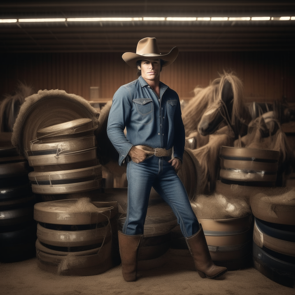 A handsome cowboy wearing a cowboy hat, boots and jeans, posing confidently against a backdrop of rodeo equipment like lassos and barrels