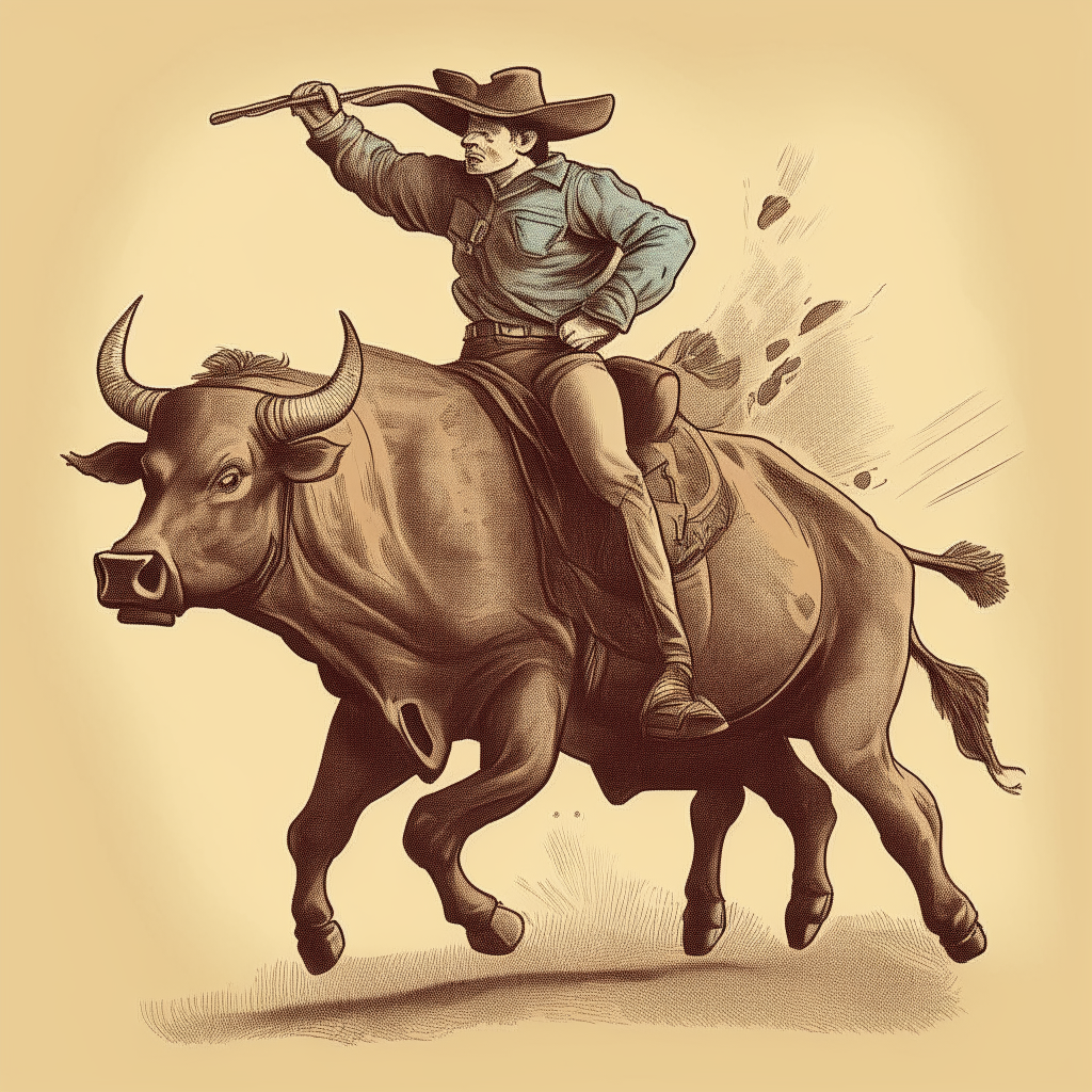 A tough-looking cowboy riding a bucking bull, with the cowboy determinedly holding on while the bull kicks its back legs in the air