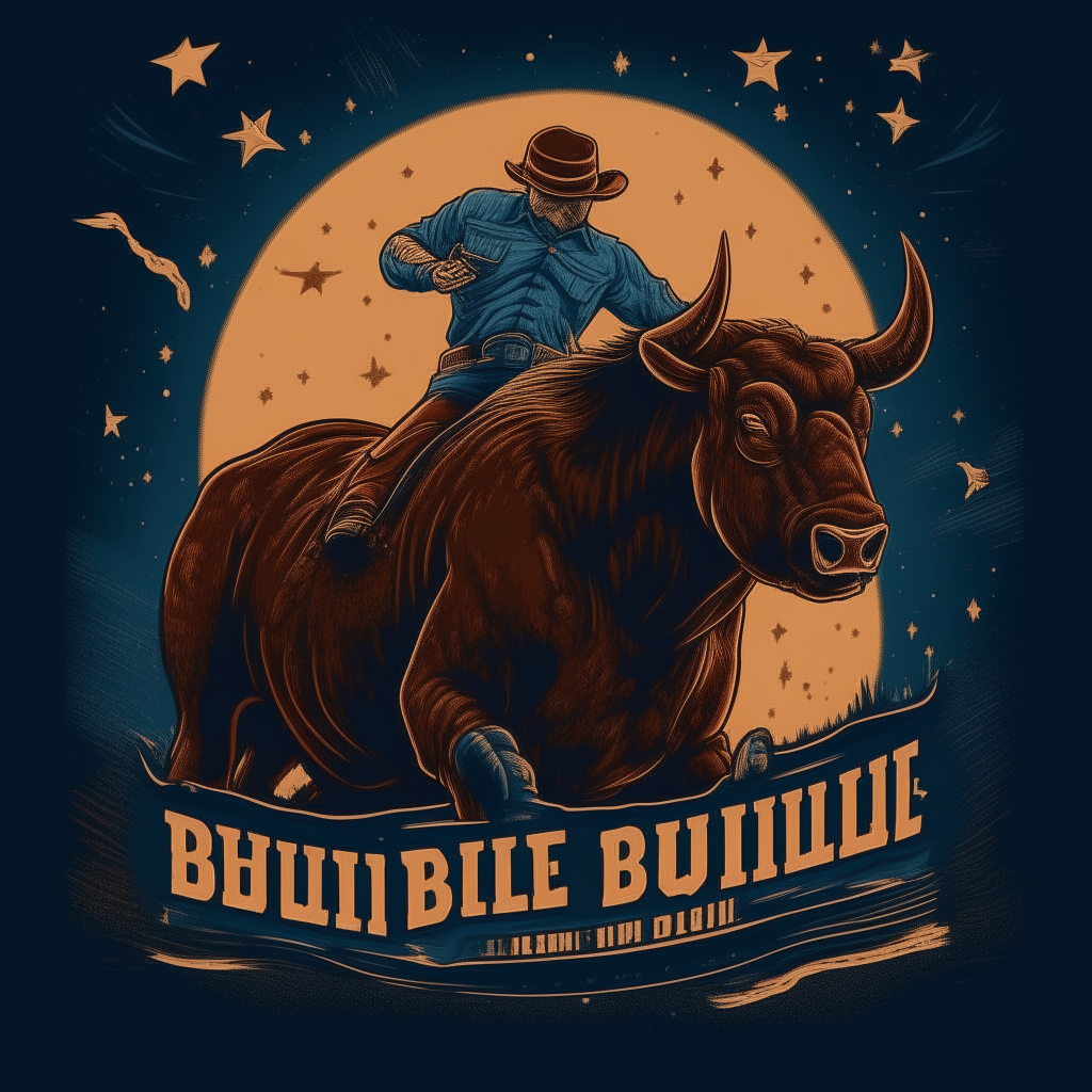 A dramatic poster for a rodeo event, showing a cowboy clinging to a bucking bull against a night sky, with the words 'Bull Riding Championship' in a western font