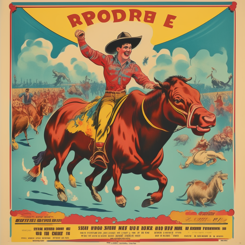 A colorful poster advertising a rodeo, featuring a cowboy lassoing a running steer, with additional illustrations of rodeo events and the date and location of the rodeo printed at the bottom